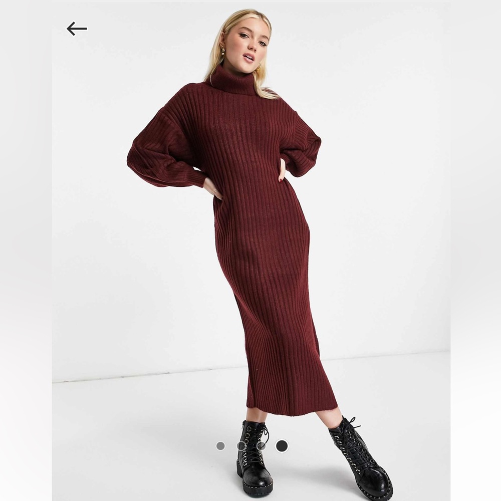 Asos Design Ribbed Midi Dress with Turtle Neck in Dark Red